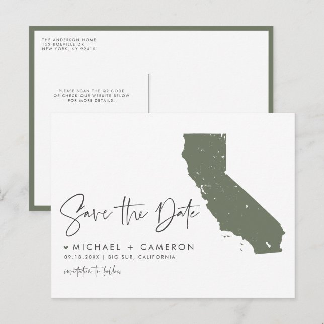Taupe Green California Karte QR-Code Save the Date (Vorne/Hinten)