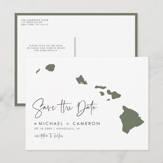 Taupe Green Hawaii Staat Karte QR-Code Save the Da (Vorne/Hinten)