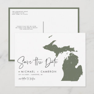 Taupe Green Michigan Map QR Code Save the Date Ankündigungspostkarte