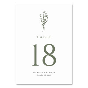 Taupe Green Minimalistisch Floral Bouquet Wedding Tischnummer