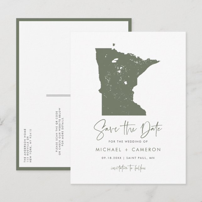 Taupe Green Minnesota Karte QR-Code Save the Date (Vorne/Hinten)