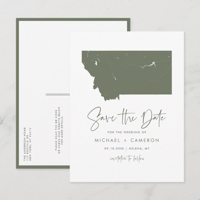 Taupe Green Montana Karte QR Code Save the Date (Vorne/Hinten)