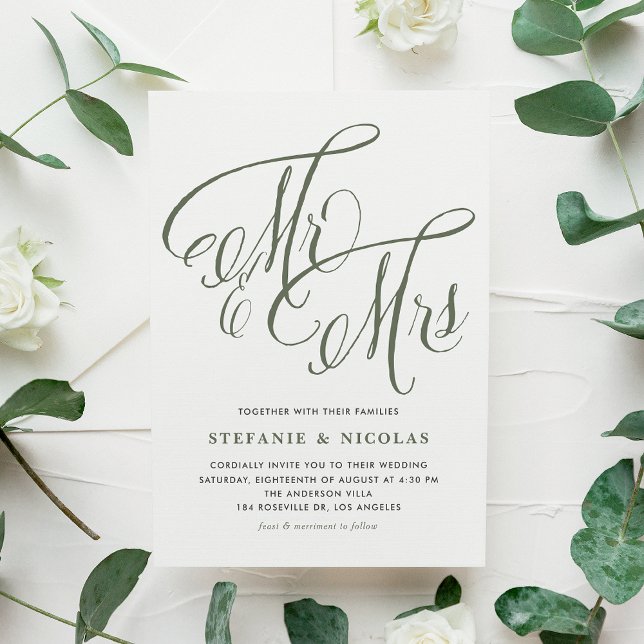 Taupe Green Mrs. und Mrs. Rustic Script Wedding Einladung (Taupe Green Mrs. and Mrs. Rustic Calligraphy Wedding Invitation)