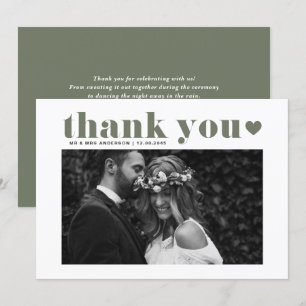 Taupe Green Retro Bold Typografy Foto Wedding Dankeskarte