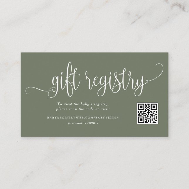 Taupe Green Script Baby Dusche QR Code Registrieru Begleitkarte (Vorderseite)