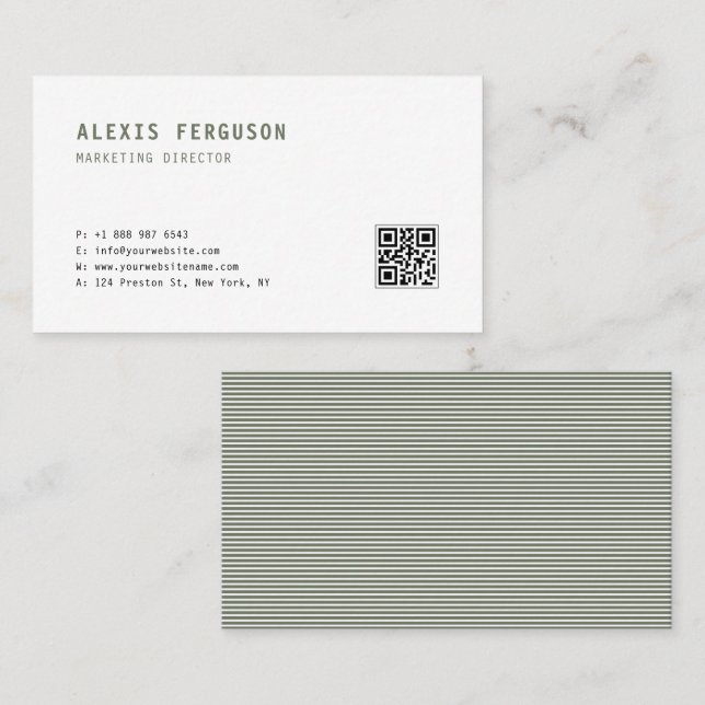 Taupe Green Simple Typografie QR Code Minimalistis Visitenkarte (Vorne/Hinten)