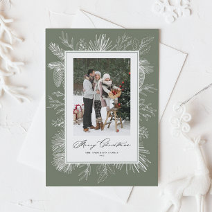 Taupe Green Vintag Botanisches Weihnachtsfest Foto Feiertagskarte
