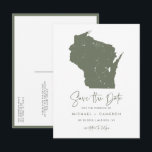 Taupe Green Wisconsin Karte QR-Code Save the Date<br><div class="desc">Feiern Sie Ihre Liebe mit diesem QR-Code Save the Date Postcard mit einer stilvollen Silhouette der Wisconsin Staat-Karte. Ideal für Paare, die im wunderschönen Staat von Wisconsin eine Hochzeit verbringen möchten - ob in charmanten Städten wie Milwaukee, Madison oder in einer rustikalen Seenlandschaft oder auf dem Land - diese Postkarte...</div>