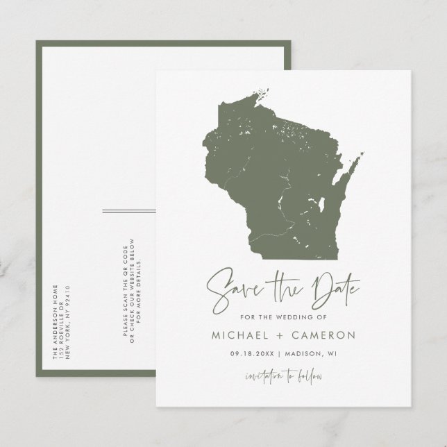Taupe Green Wisconsin Karte QR-Code Save the Date (Vorne/Hinten)