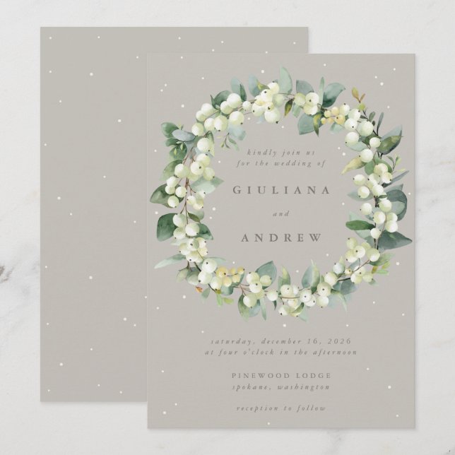Taupe/Greige Snowberry+Eucalyptus Wreath Wedding Einladung (Vorne/Hinten)