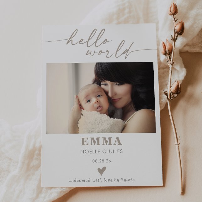 Taupe Hello World Photo Baby Announcement Card Einladung (Von Creator hochgeladen)