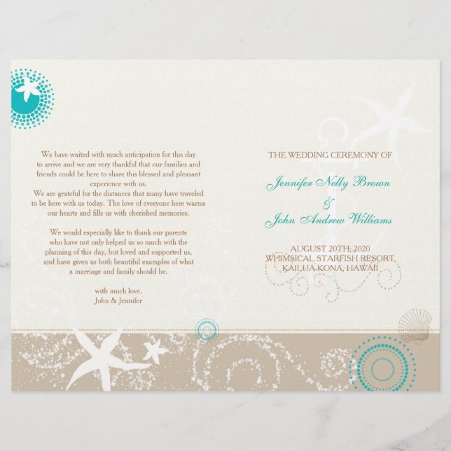 Taupe Ivory Aqua Beach Wedding Bi Fold Program (Vorderseite)