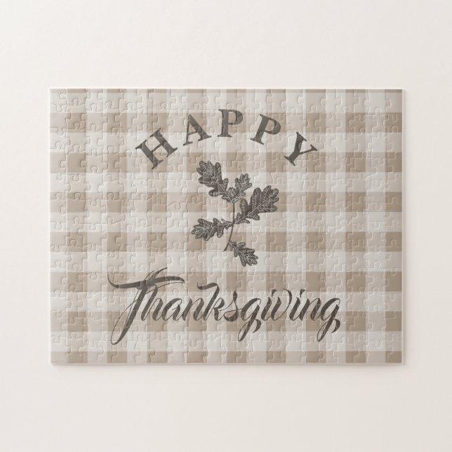 Taupe Kariert Moderne Foliage Happy Thanksgiving Puzzle (Horizontal)