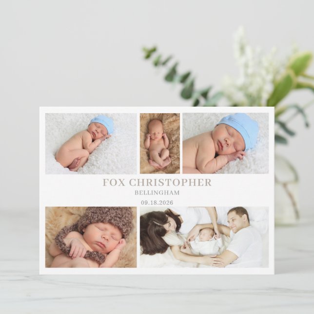Taupe Minimal Photo Collage Baby Announcement Card Einladung (Stehend Vorderseite)