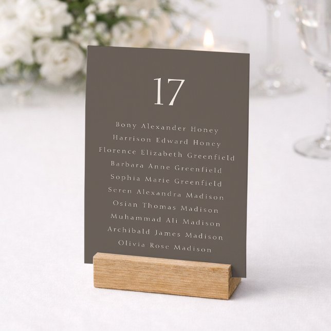 Taupe Minimal Wedding Table Number with Guest List Dankeskarte (Von Creator hochgeladen)