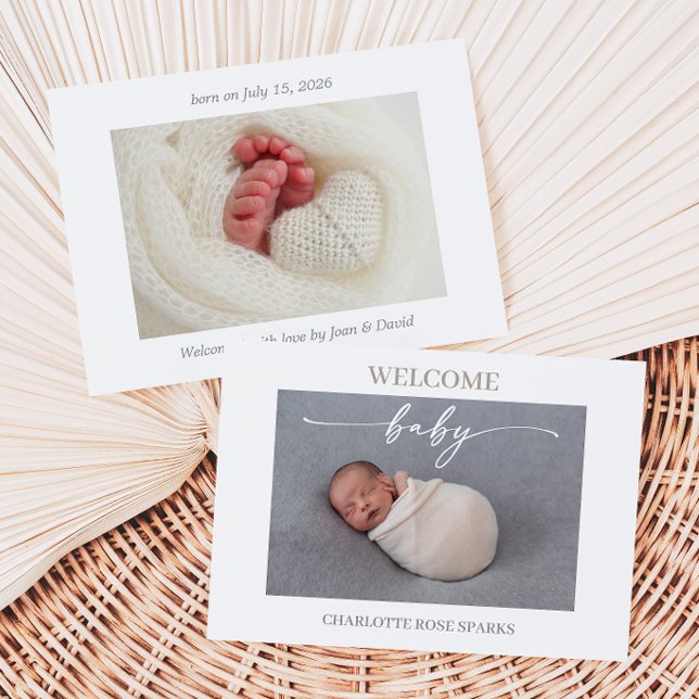 Taupe Minimal Welcome Baby Photo Announcement Card Einladung (Von Creator hochgeladen)