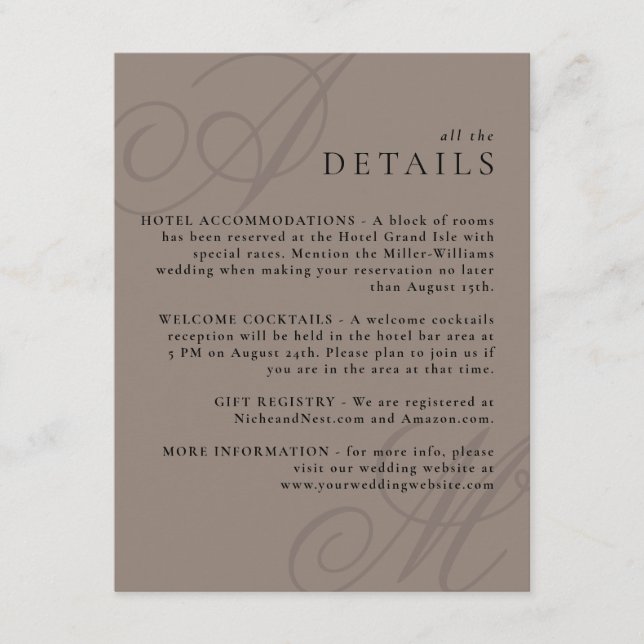 Taupe Modern Edge Elegant Monogram Details Begleitkarte (Vorderseite)