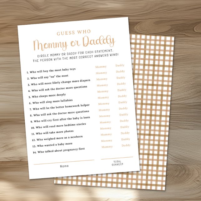 Taupe Mommy or Daddy Baby Shower Game Card Hinweiskarte (Mommy or Daddy Game Sheet)
