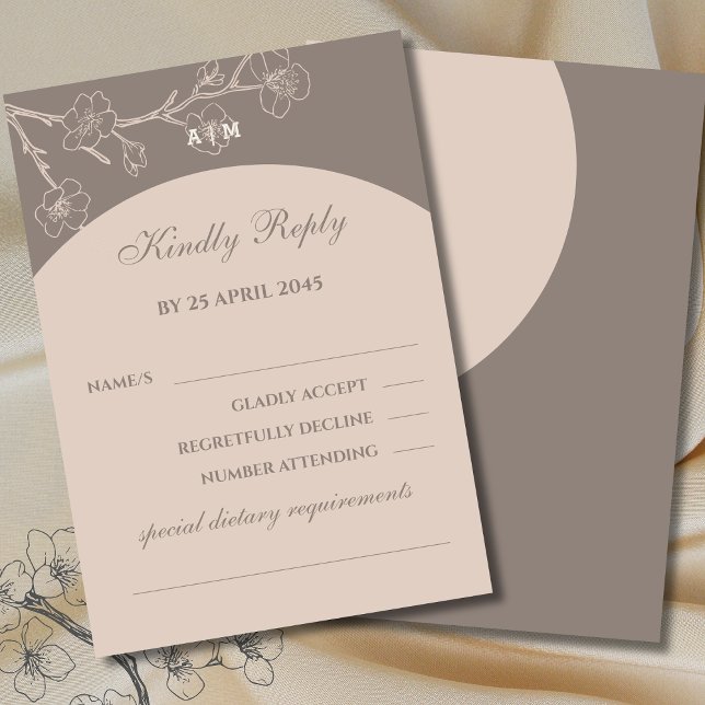 Taupe Monogram Floral Japandi Wedding RSVP Card (Von Creator hochgeladen)