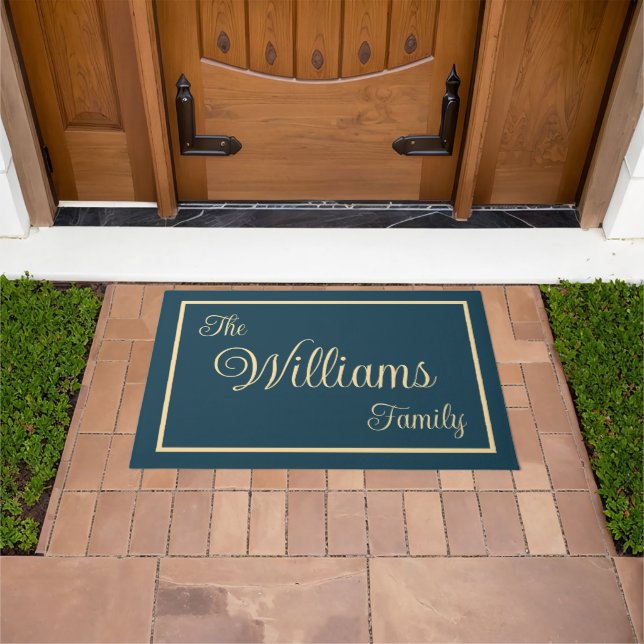 Taupe Navy Elegant Script Familienname Willkommens Fußmatte (Außenbereich)