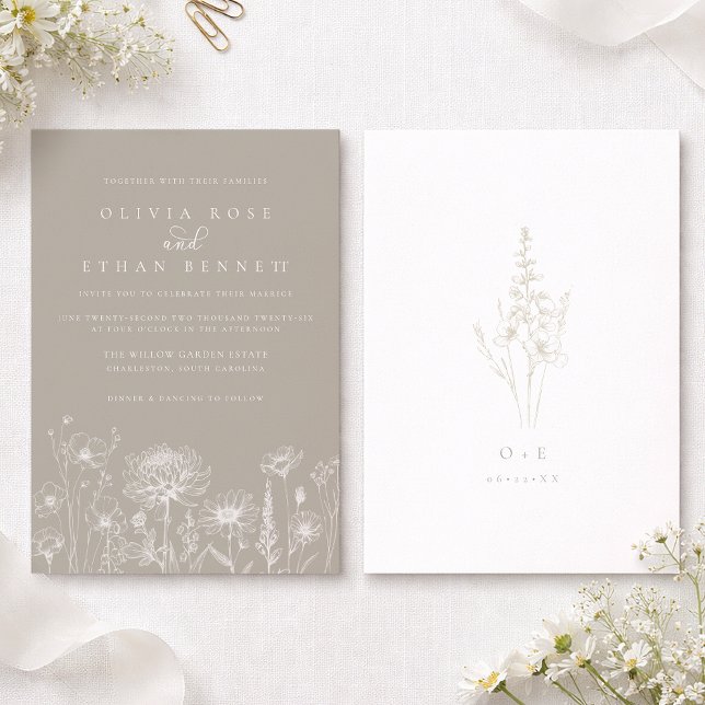 Taupe Neutral Wildflower Wedding Invitation Einladung (Taupe Wedding Invitation)