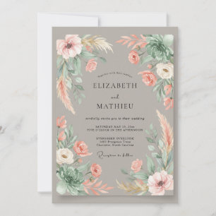 Taupe-Pfirsich-Pampas-Eukalyptus-Hochzeit Einladung