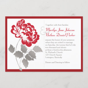 Taupe, Red Peony on White Wedding Einladung