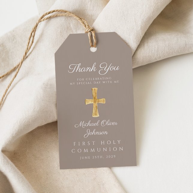 Taupe Religious Cross Boy First Communion Geschenkanhänger (Taupe Religious Cross Boy First Communion Gift Tags)