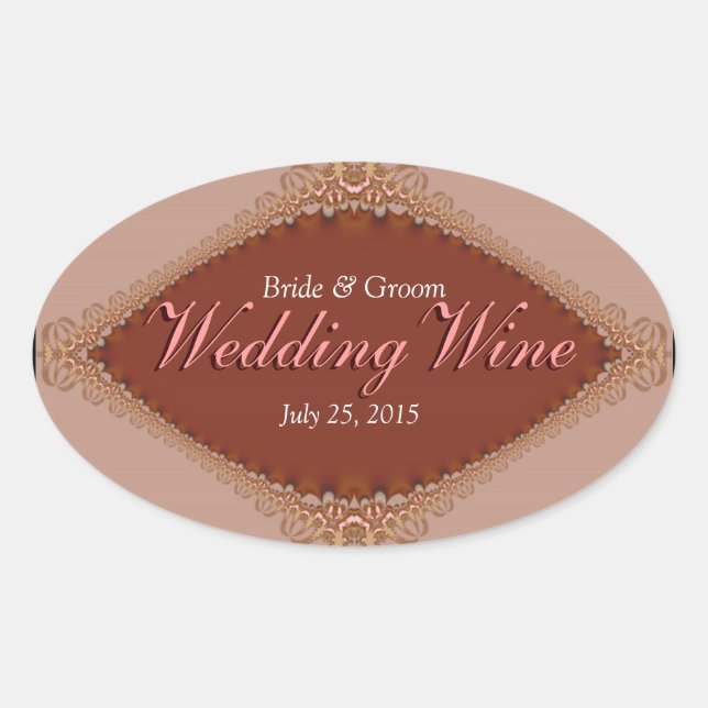 Taupe Russet Brocade Lace Wedding Wine label Ovaler Aufkleber (Vorderseite)