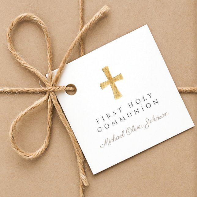 Taupe Script Cross Boy First Communion Geschenkanhänger (Taupe Script Cross Boy First Communion Favor Tags)