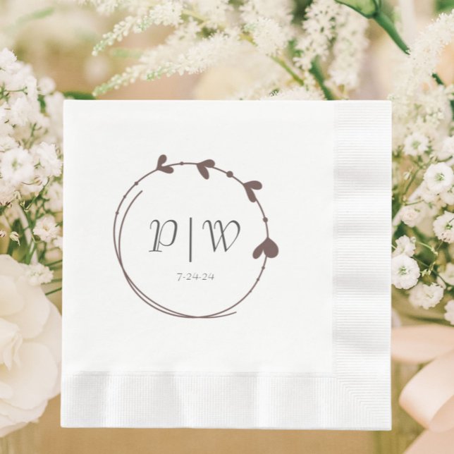 Taupe Simple Heart Wreath Monogram Wedding Serviette (In Situ Wedding)