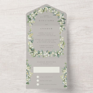 Taupe Snowberry+Eukalyptus Hochzeitempfang nur All In One Einladung