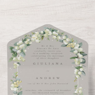 Taupe Snowberry+Eukalyptus Hochzeitempfang nur All In One Einladung