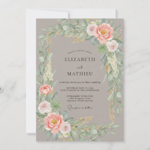 Taupe Soft Peach Pfingstrosen-Hochzeit Einladung