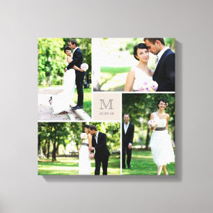 Taupe Square Grid Monogram Wedding 4 Foto Collage Leinwanddruck