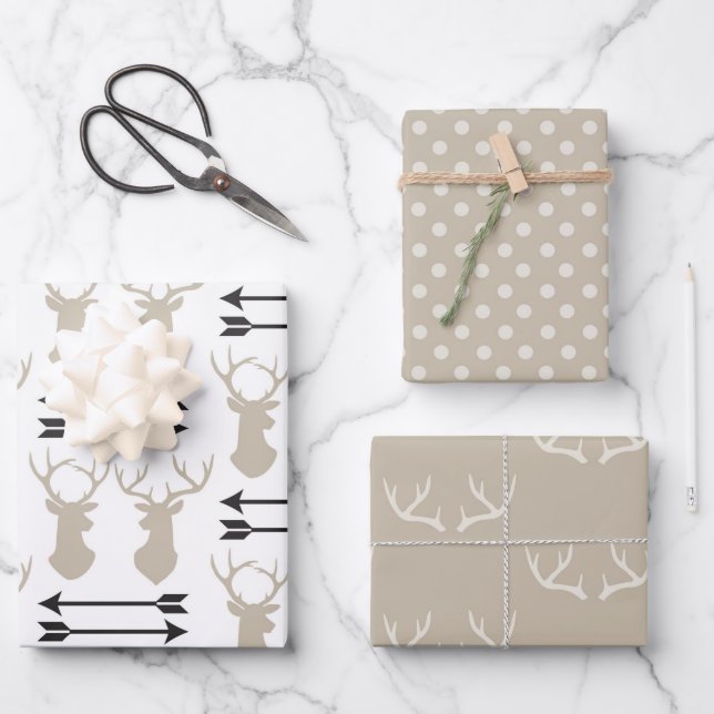 Taupe Stag Kopf, Pfeile und Geweihe  Geschenkpapier Set (Vorderseite)