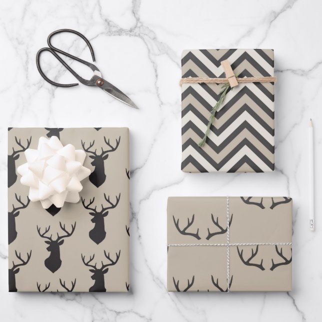 Taupe Stag Kopf und Geweih   Geschenkpapier Set (Vorderseite)