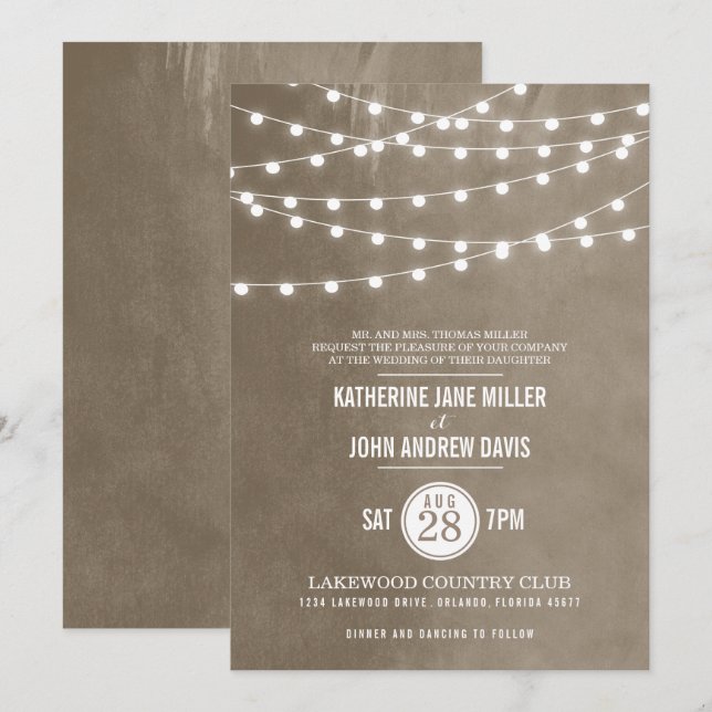 Taupe String Lights Hochzeitseinladung Einladung (Vorne/Hinten)
