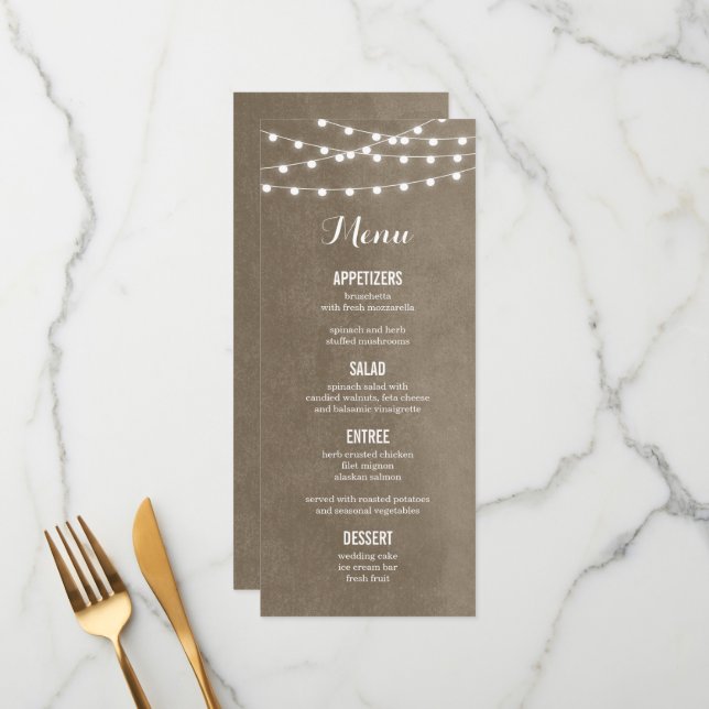 Taupe String Lights Wedding Menu Card Menükarte (Vorderseite/Rückseite Beispiel)