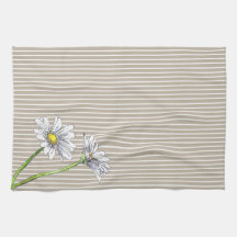 Taupe Striped Floral Watercolor Daisy