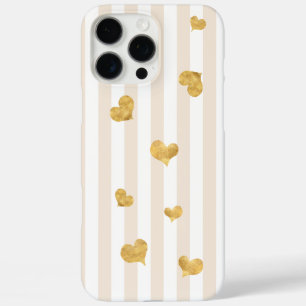 Taupe Tan Beige Stripe Gold Hearts iPhone 16 Pro Max Hülle
