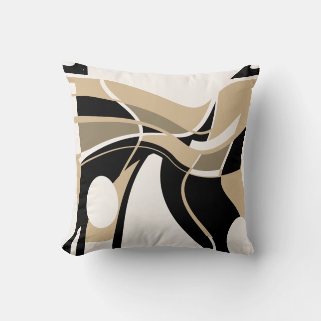 Taupe Tan Black auf Off-White Swirling Art Motif Kissen (Vorderseite)
