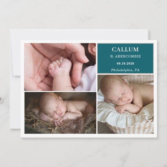 Taupe Teal Baby Photo Collage Announcement Card Einladung (Vorderseite)