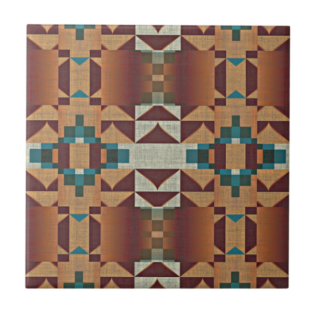 Taupe Terracotta Aquamarin Blue Green Ethnic Stamm Fliese (Vorderseite)