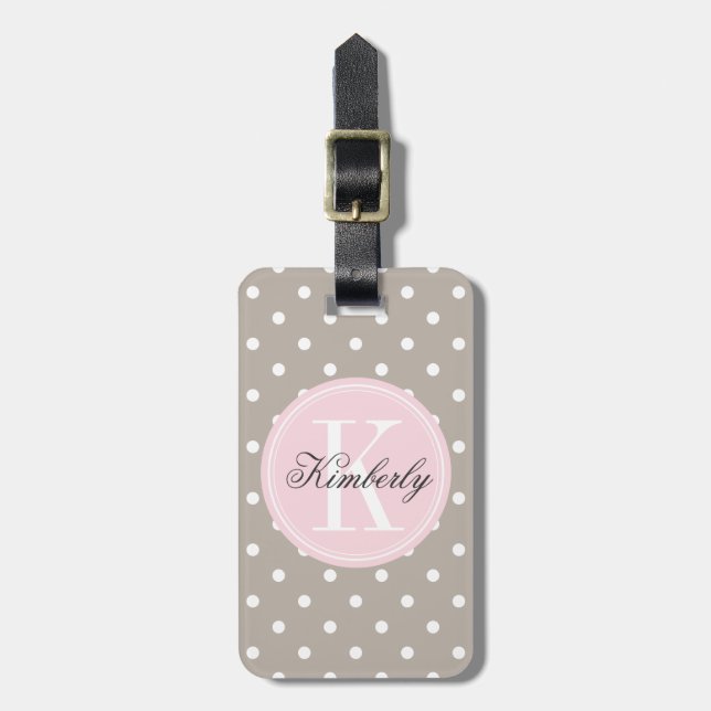 Taupe-Tupfen mit rosa Monogramm Gepäckanhänger (Vorderseite vertikal)