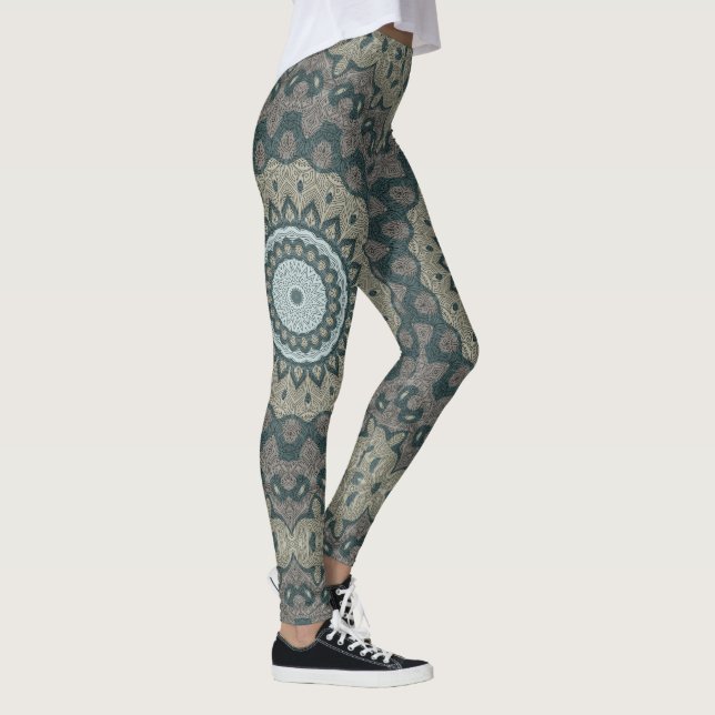 Taupe und Aquamarin Mandala mit Tribal Symmetrie Leggings (Rechts)