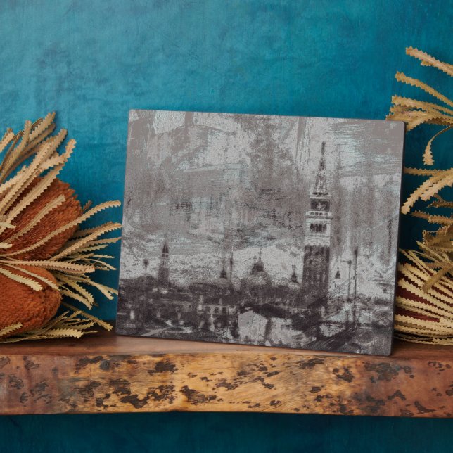Taupe und Cyan Distressed Skyline Venedig Italien  Fotoplatte (Seite)