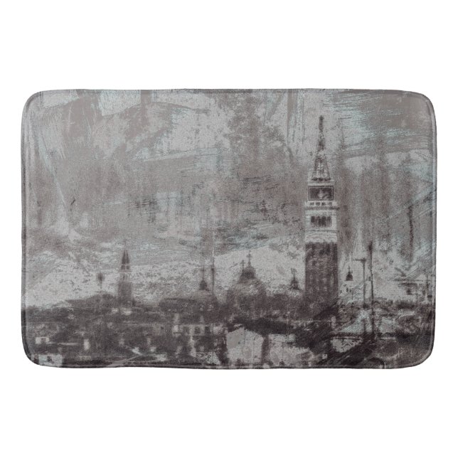 Taupe und Cyan Distressed Skyline Venice Italien Badematte (Vorderseite)