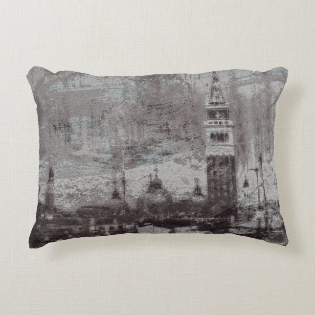 Taupe und Cyan Distressed Skyline Venice Italien Kissen Für Draußen (Vorderseite)