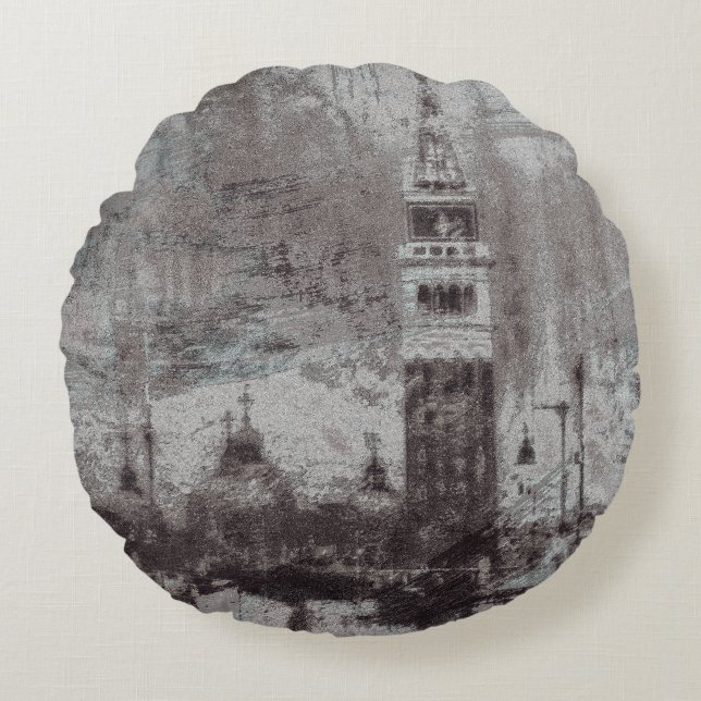 Taupe und Cyan Distressed Skyline Venice Italien Rundes Kissen (Vorderseite)